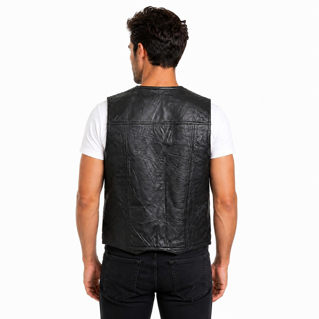 Men’s Genuine Leather Patchwork Vest – Black Snap-Front Western Biker Waistcoat with Pockets