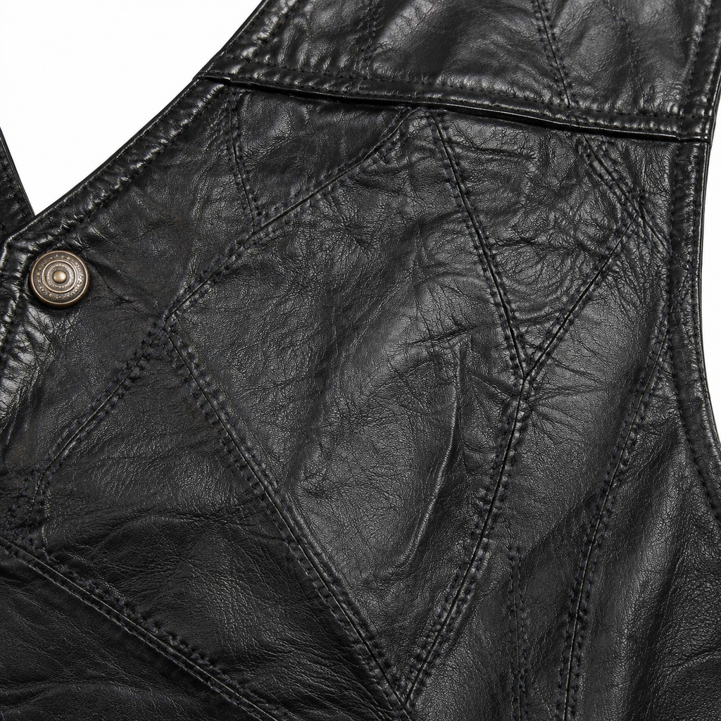Men’s Genuine Leather Patchwork Vest – Black Snap-Front Western Biker Waistcoat with Pockets