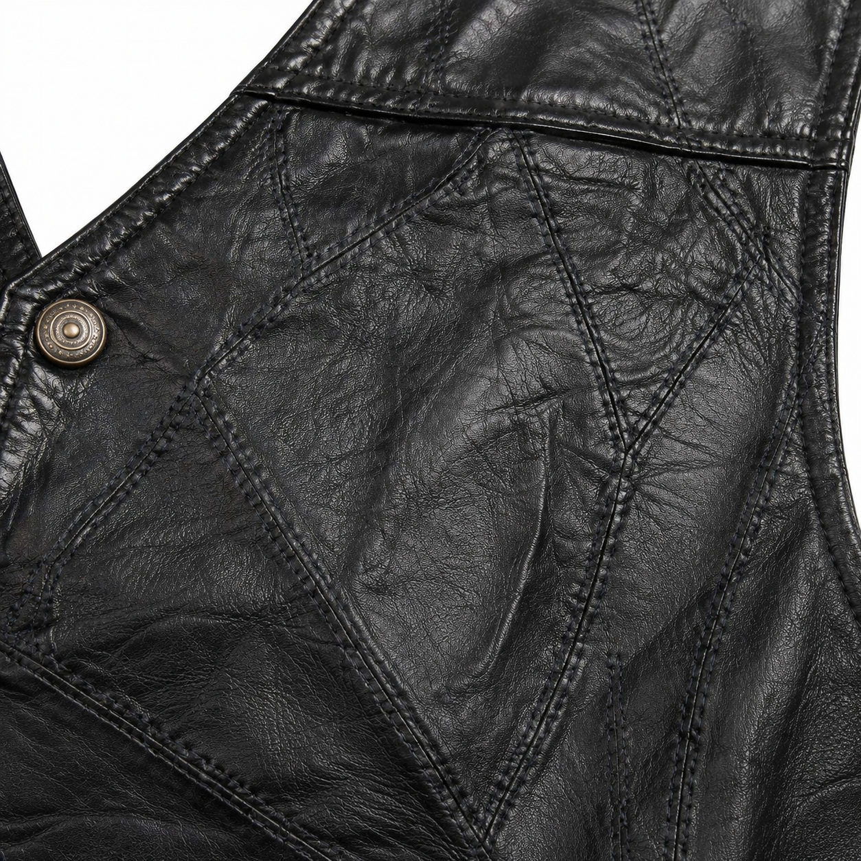 Men’s Genuine Leather Patchwork Vest – Black Snap-Front Western Biker Waistcoat with Pockets