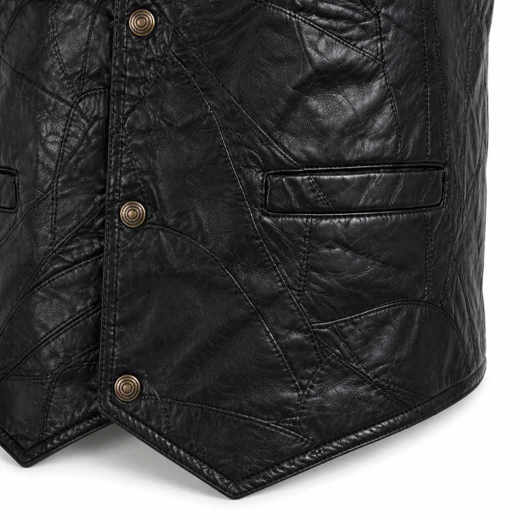 Men’s Genuine Leather Patchwork Vest – Black Snap-Front Western Biker Waistcoat with Pockets