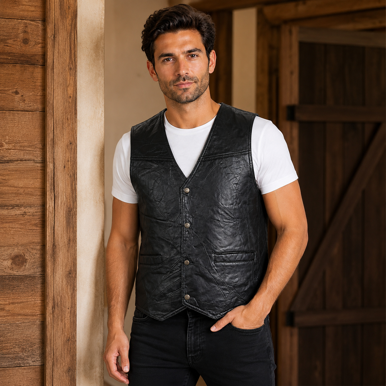 Men’s Genuine Leather Patchwork Vest – Black Snap-Front Western Biker Waistcoat with Pockets