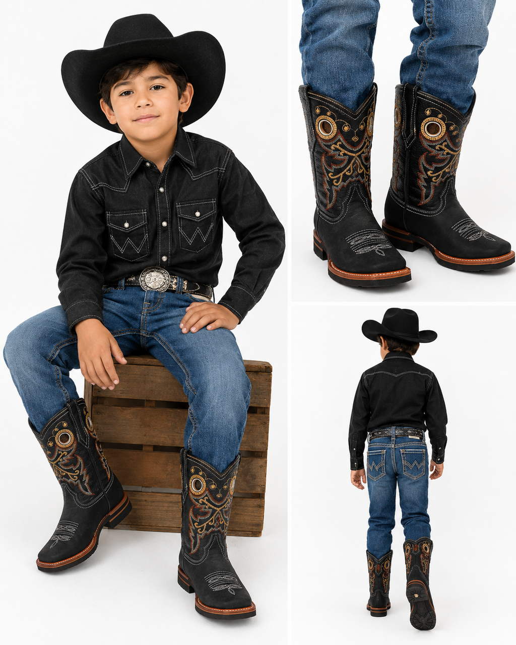 Junior Genuine Leather Western Cowboy Boots – Black Embroidered Square Toe