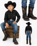 Junior Genuine Leather Western Cowboy Boots – Black Embroidered Square Toe