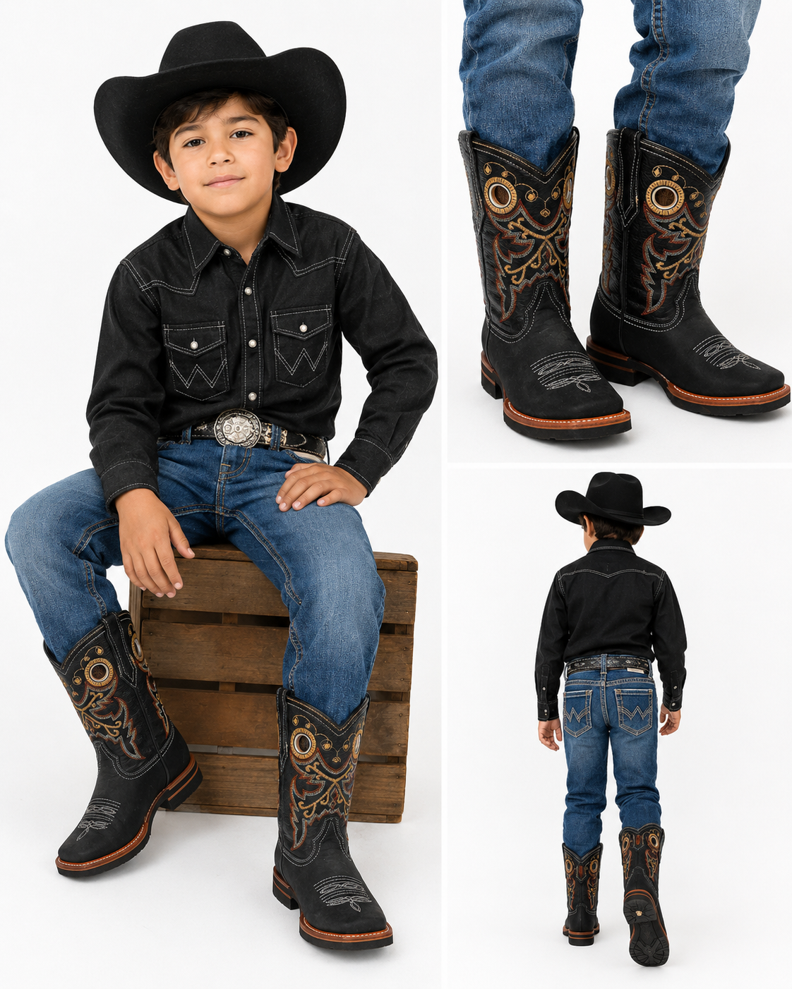 Junior Genuine Leather Western Cowboy Boots – Black Embroidered Square Toe