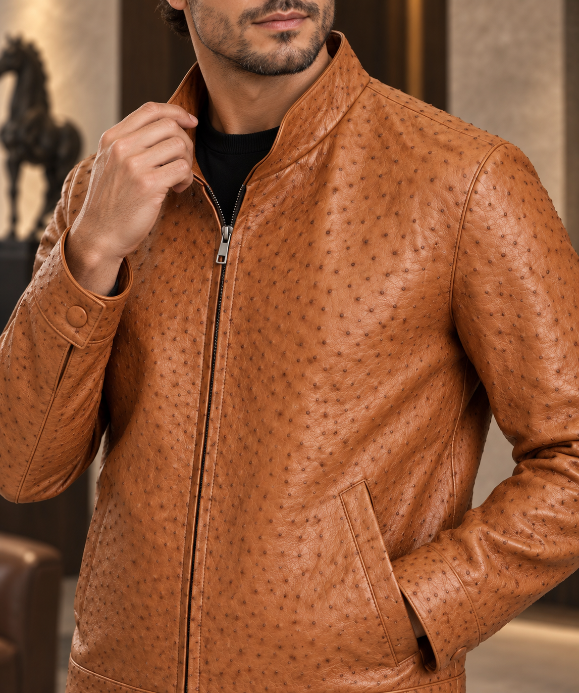 100% Genuine Full-Quill Ostrich Leather Jacket — Not Embossed
