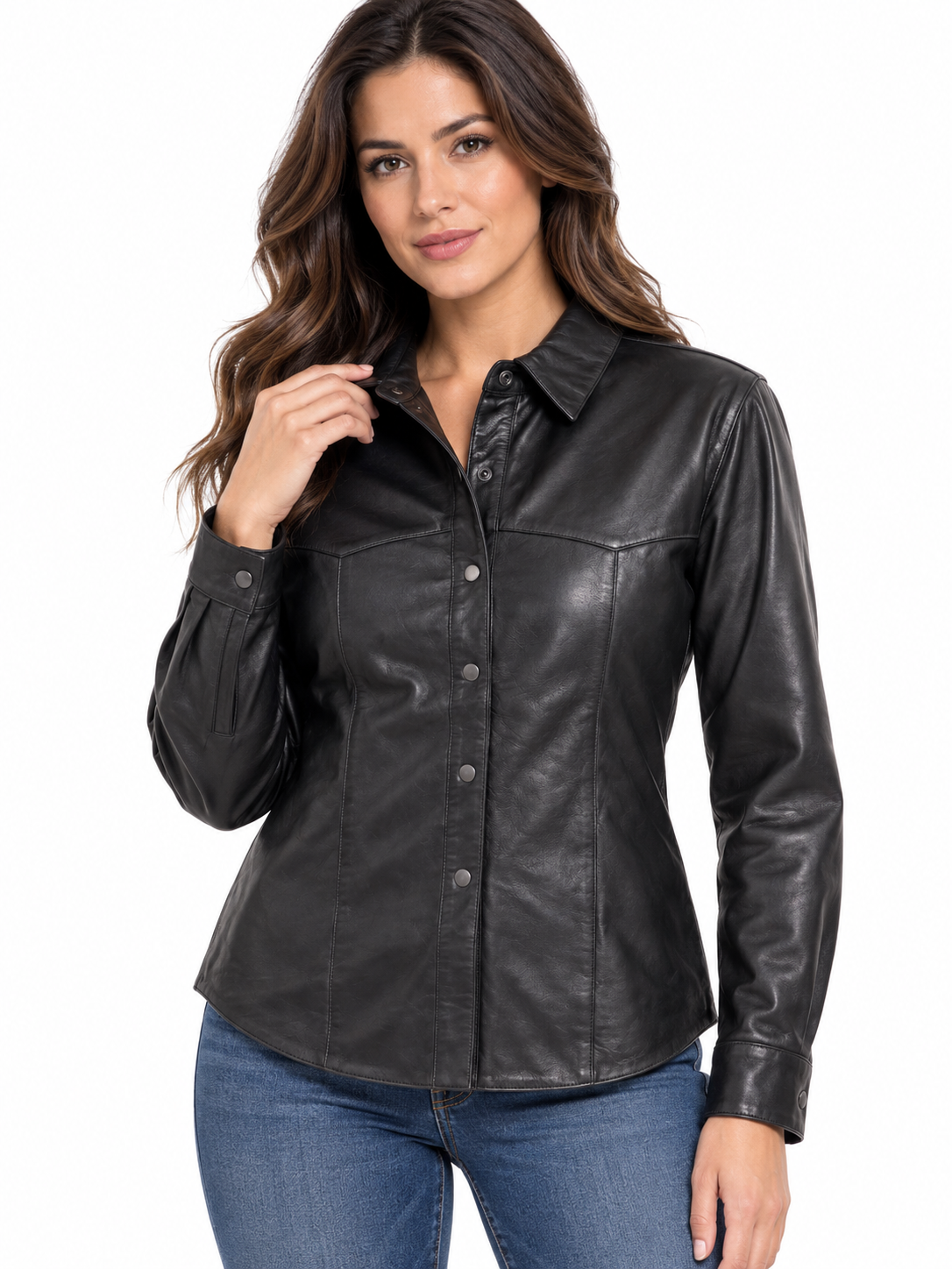 Women's Genuine Leather Shirt Jacket – Black Long Sleeve Button-Down
