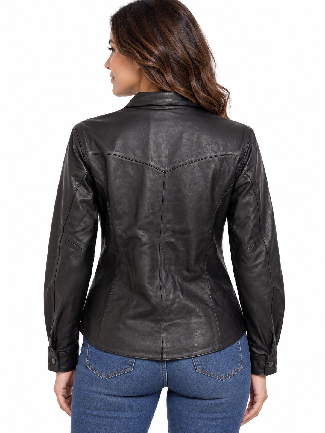 Women's Genuine Leather Shirt Jacket – Black Long Sleeve Button-Down