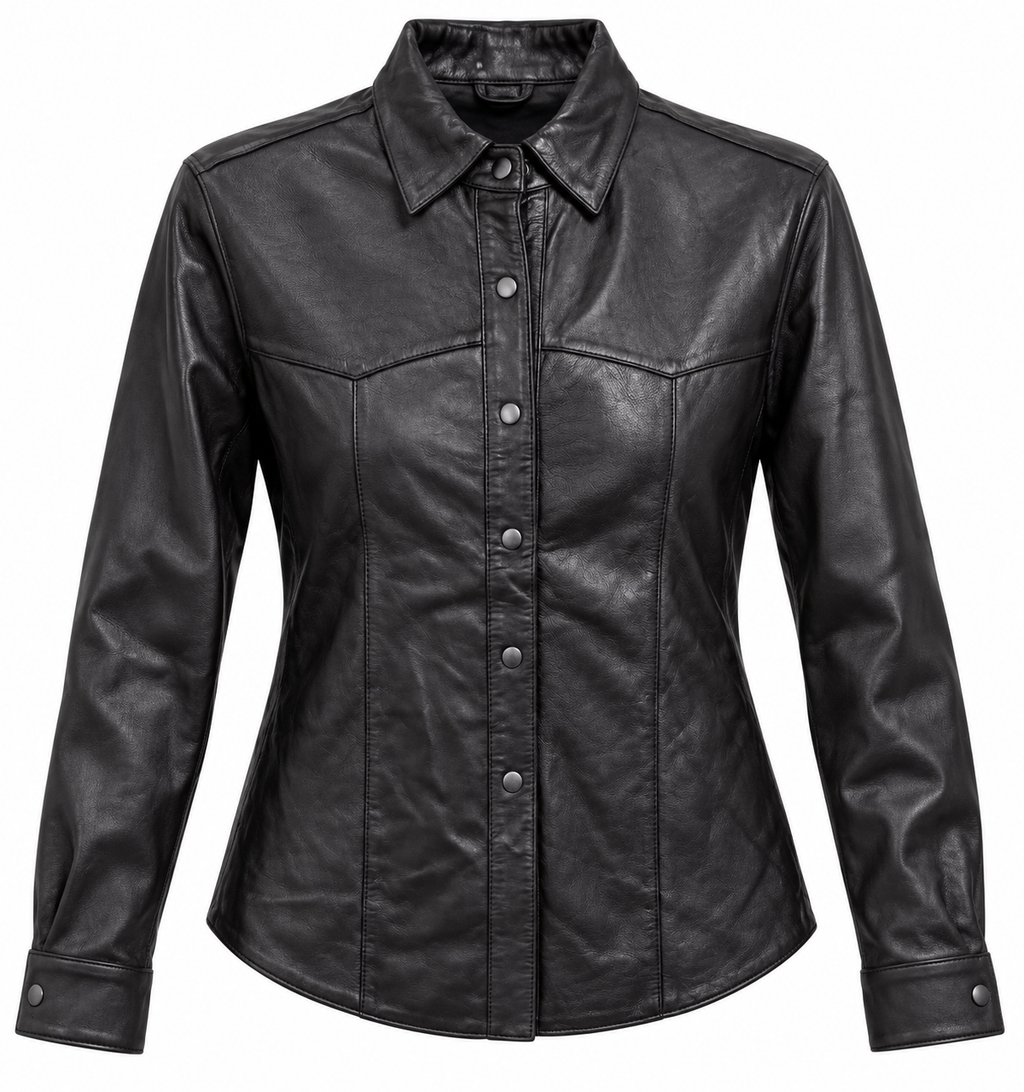 Women's Genuine Leather Shirt Jacket – Black Long Sleeve Button-Down
