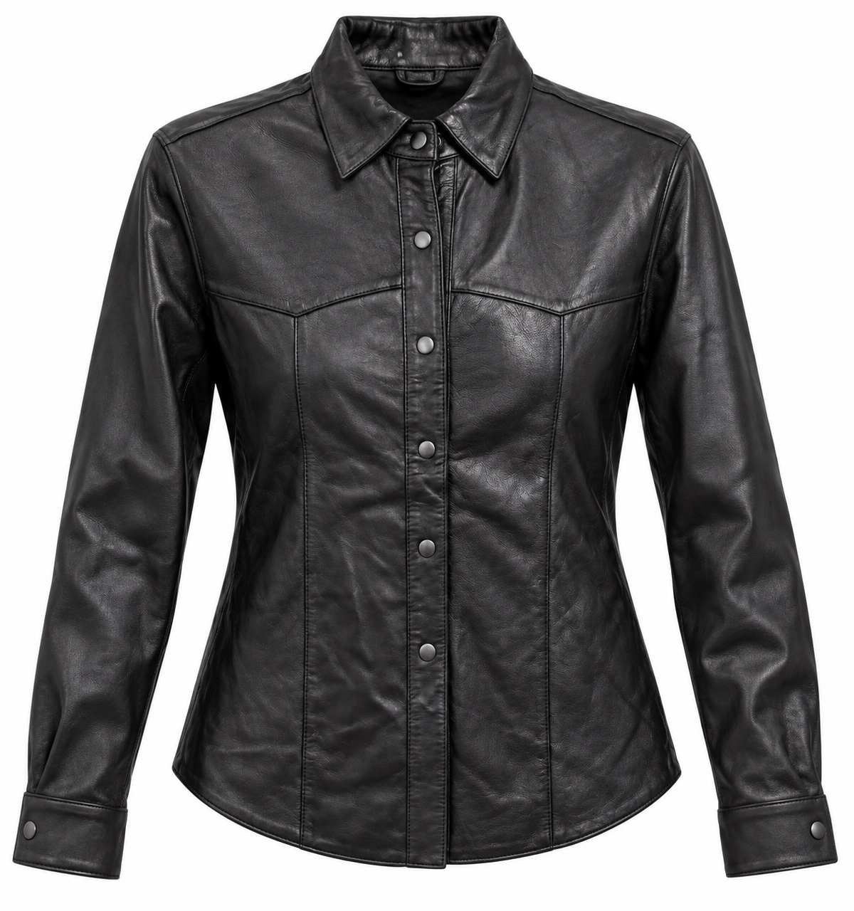 Women's Genuine Leather Shirt Jacket – Black Long Sleeve Button-Down