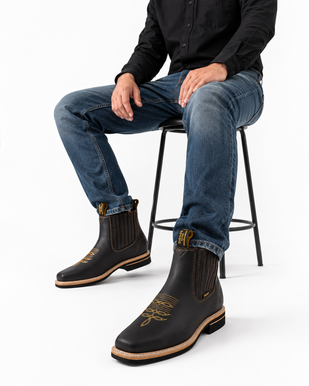 Men’s Genuine Leather Short Ankle Cowboy Botín Boots – Western Embroidered Chelsea Style