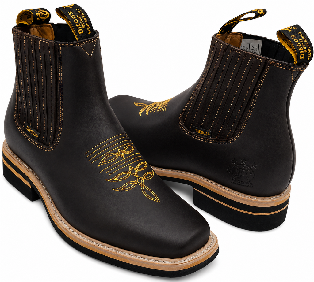 Men’s Genuine Leather Short Ankle Cowboy Botín Boots – Western Embroidered Chelsea Style