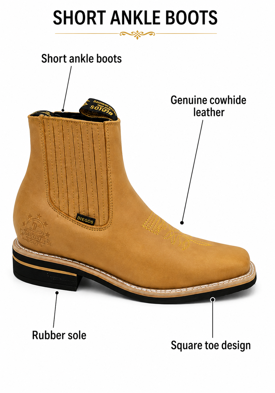 Men’s Genuine Leather Short Ankle Cowboy Botín Boots – Western Embroidered Chelsea Style