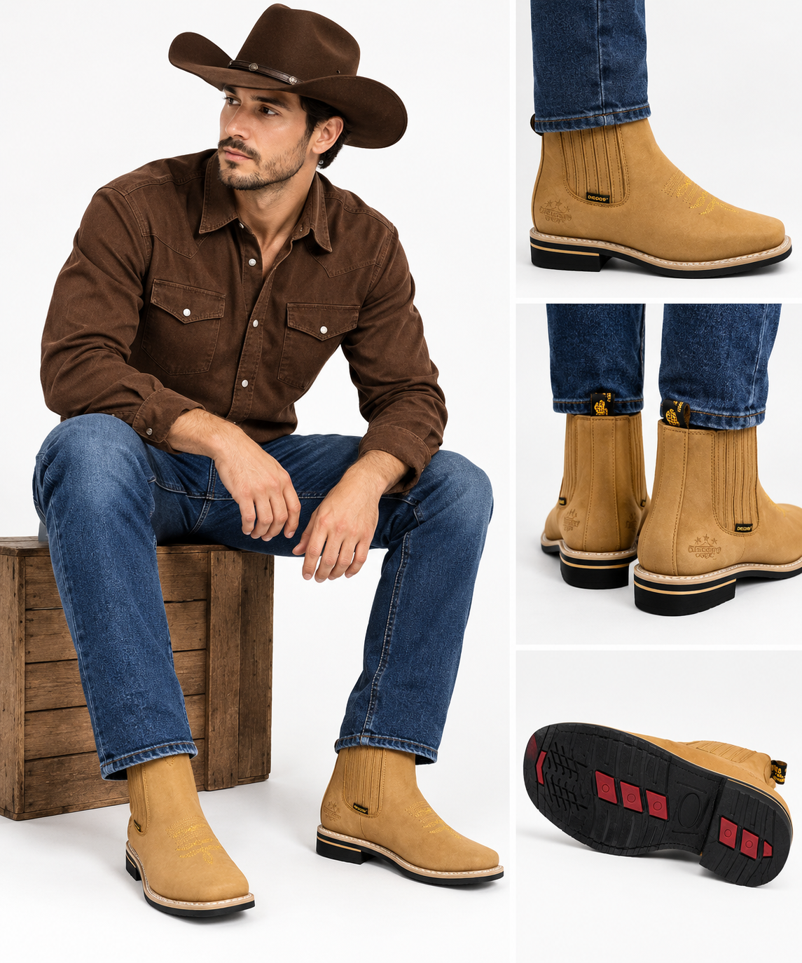 Men’s Genuine Leather Short Ankle Cowboy Botín Boots – Western Embroidered Chelsea Style