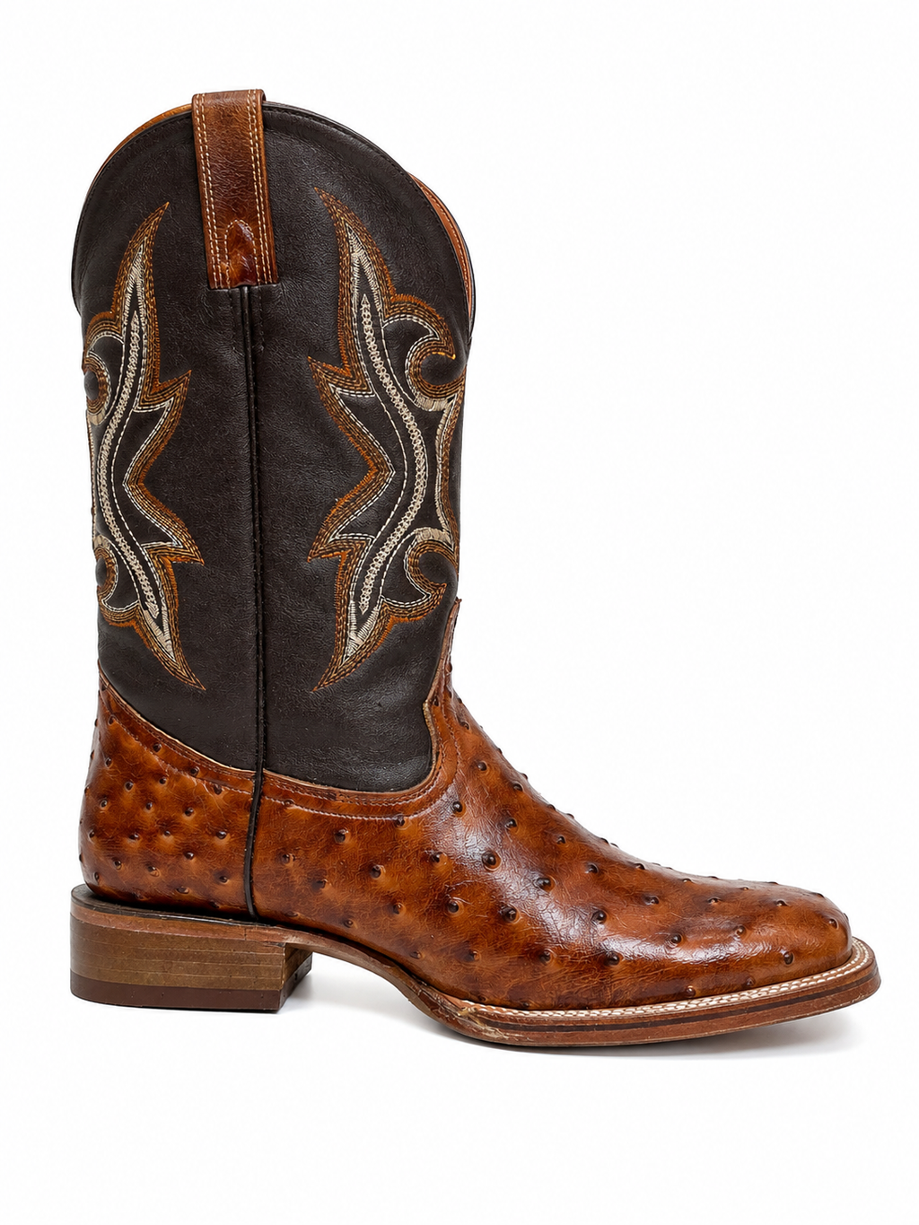 Men’s Genuine Cowhide Leather Western Cowboy Boots – Ostrich Imitation Print – Classic Stitched Pull-On Rodeo Boots Tan
