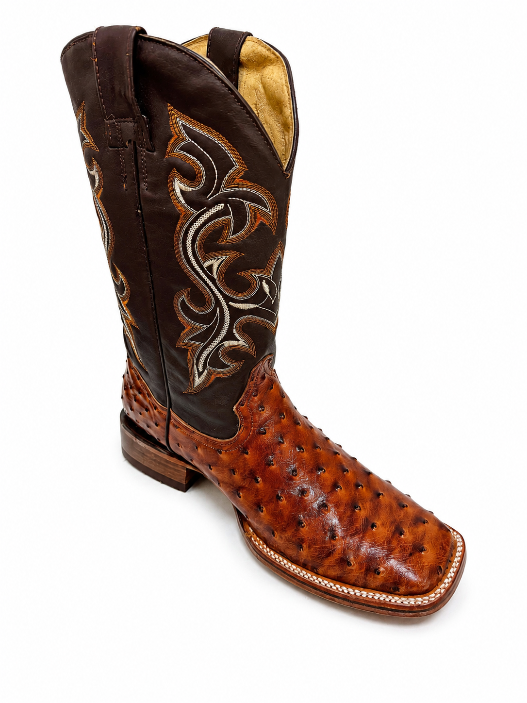 Men’s Genuine Cowhide Leather Western Cowboy Boots – Ostrich Imitation Print – Classic Stitched Pull-On Rodeo Boots Tan
