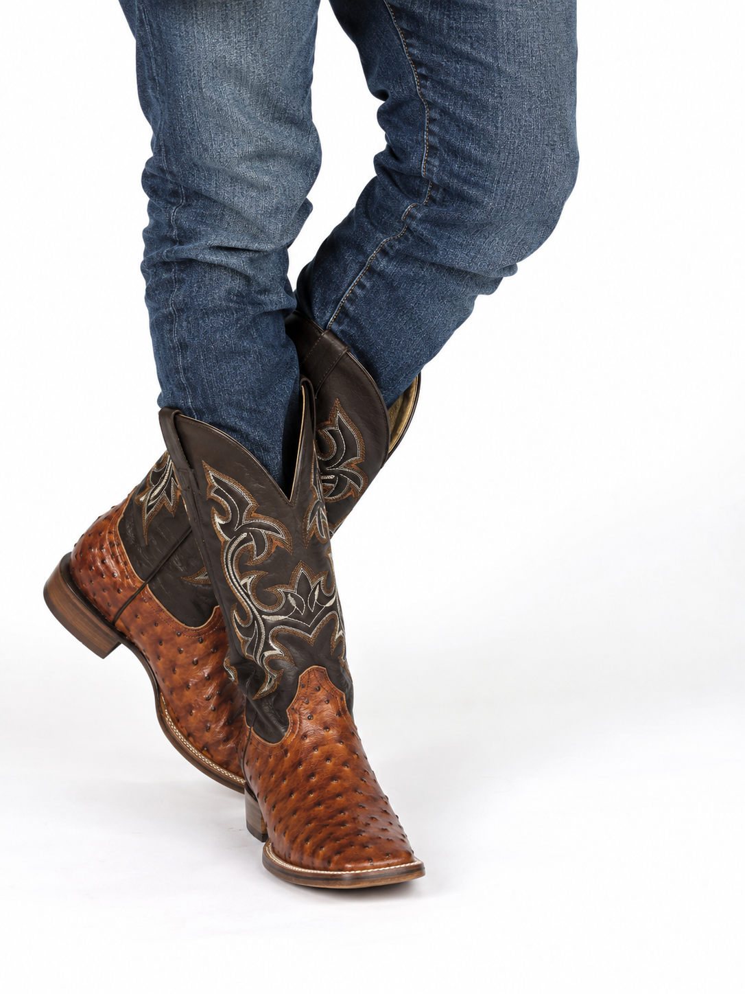 Men’s Genuine Cowhide Leather Western Cowboy Boots – Ostrich Imitation Print – Classic Stitched Pull-On Rodeo Boots Tan