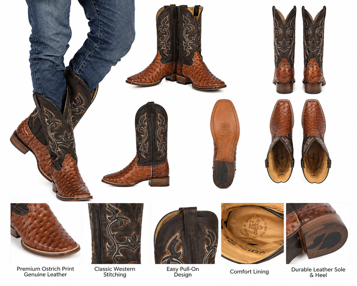 Men’s Genuine Cowhide Leather Western Cowboy Boots – Ostrich Imitation Print – Classic Stitched Pull-On Rodeo Boots Tan