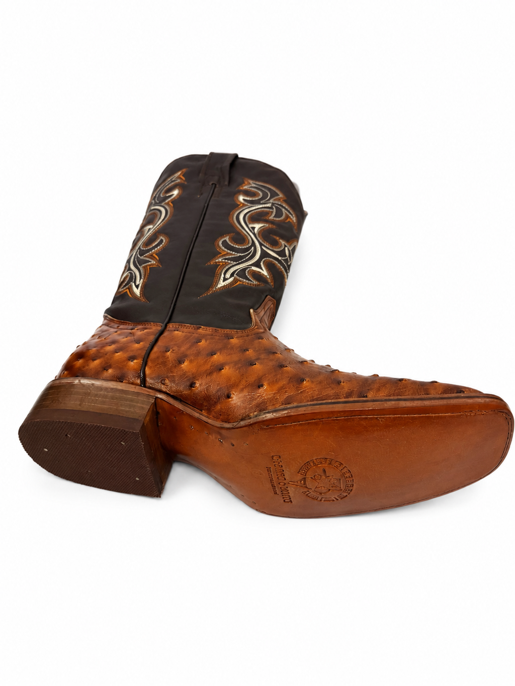 Men’s Genuine Cowhide Leather Western Cowboy Boots – Ostrich Imitation Print – Classic Stitched Pull-On Rodeo Boots Tan
