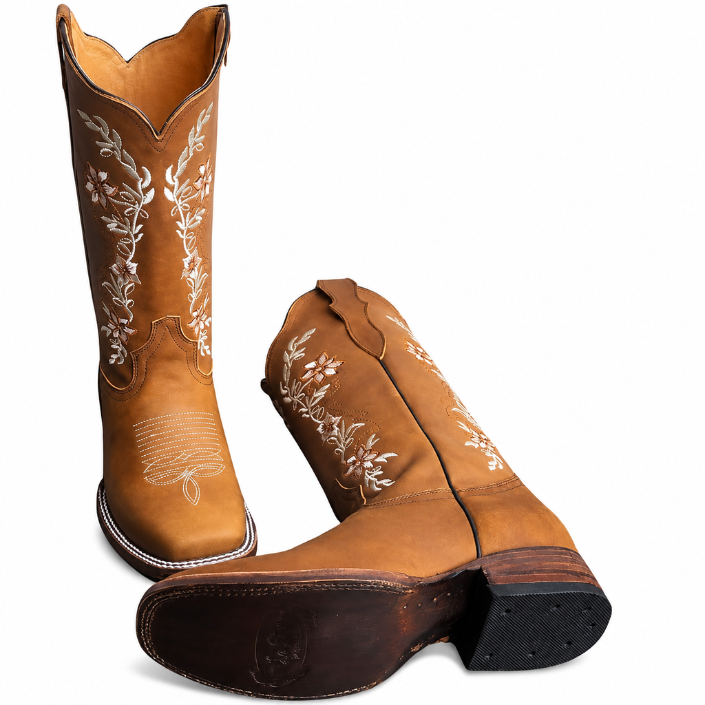 Women’s Genuine Leather Floral Embroidered Cowgirl Rodeo Boots – Square Toe