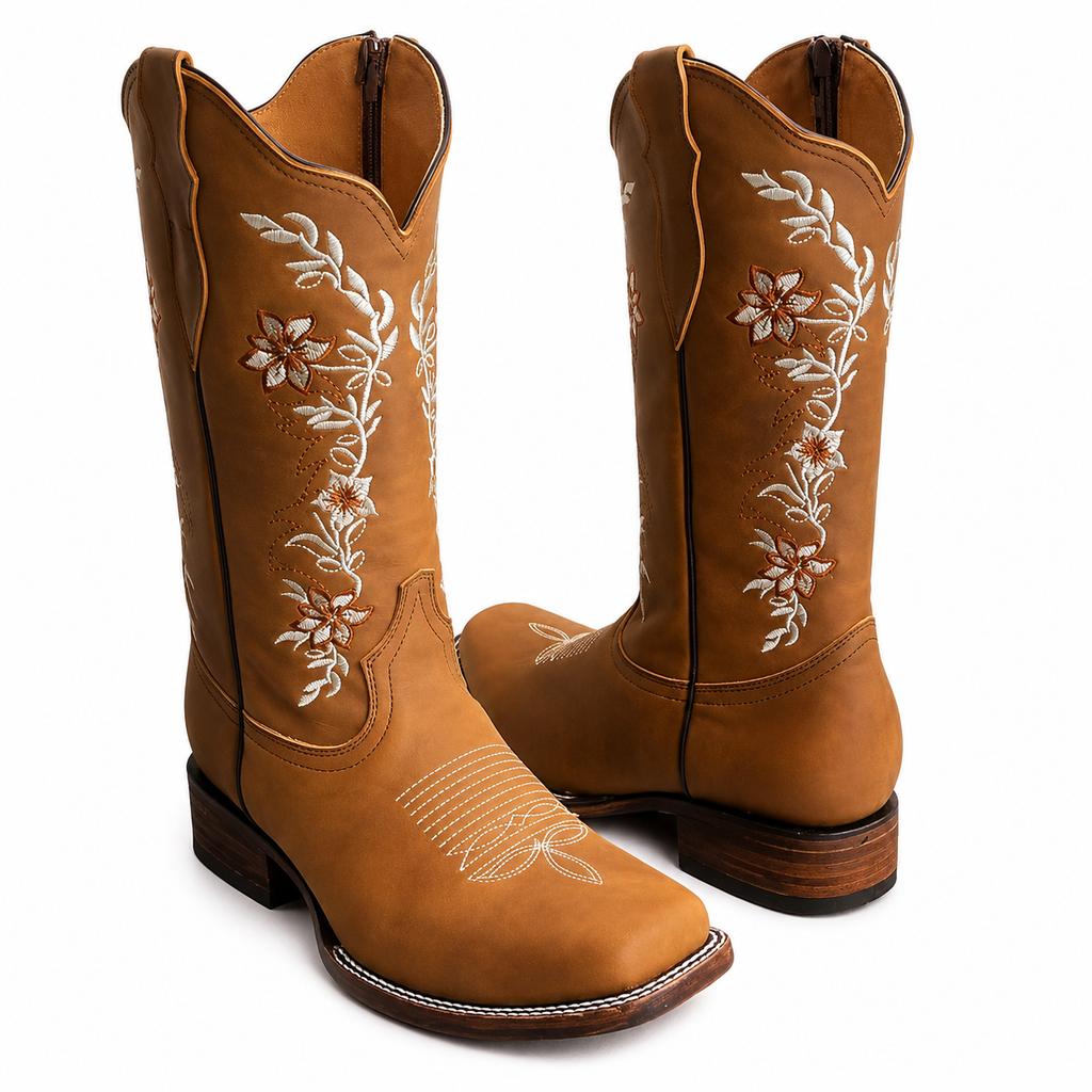 Women’s Genuine Leather Floral Embroidered Cowgirl Rodeo Boots – Square Toe