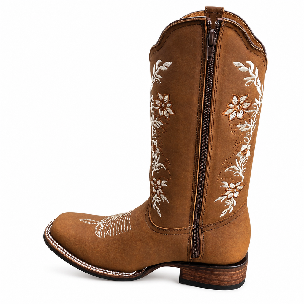 Women’s Genuine Leather Floral Embroidered Cowgirl Rodeo Boots – Square Toe