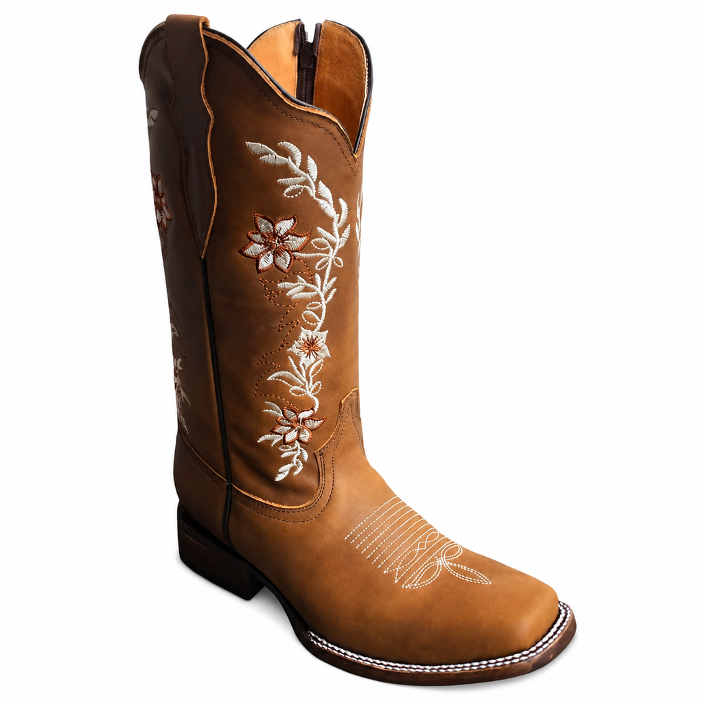 Women’s Genuine Leather Floral Embroidered Cowgirl Rodeo Boots – Square Toe