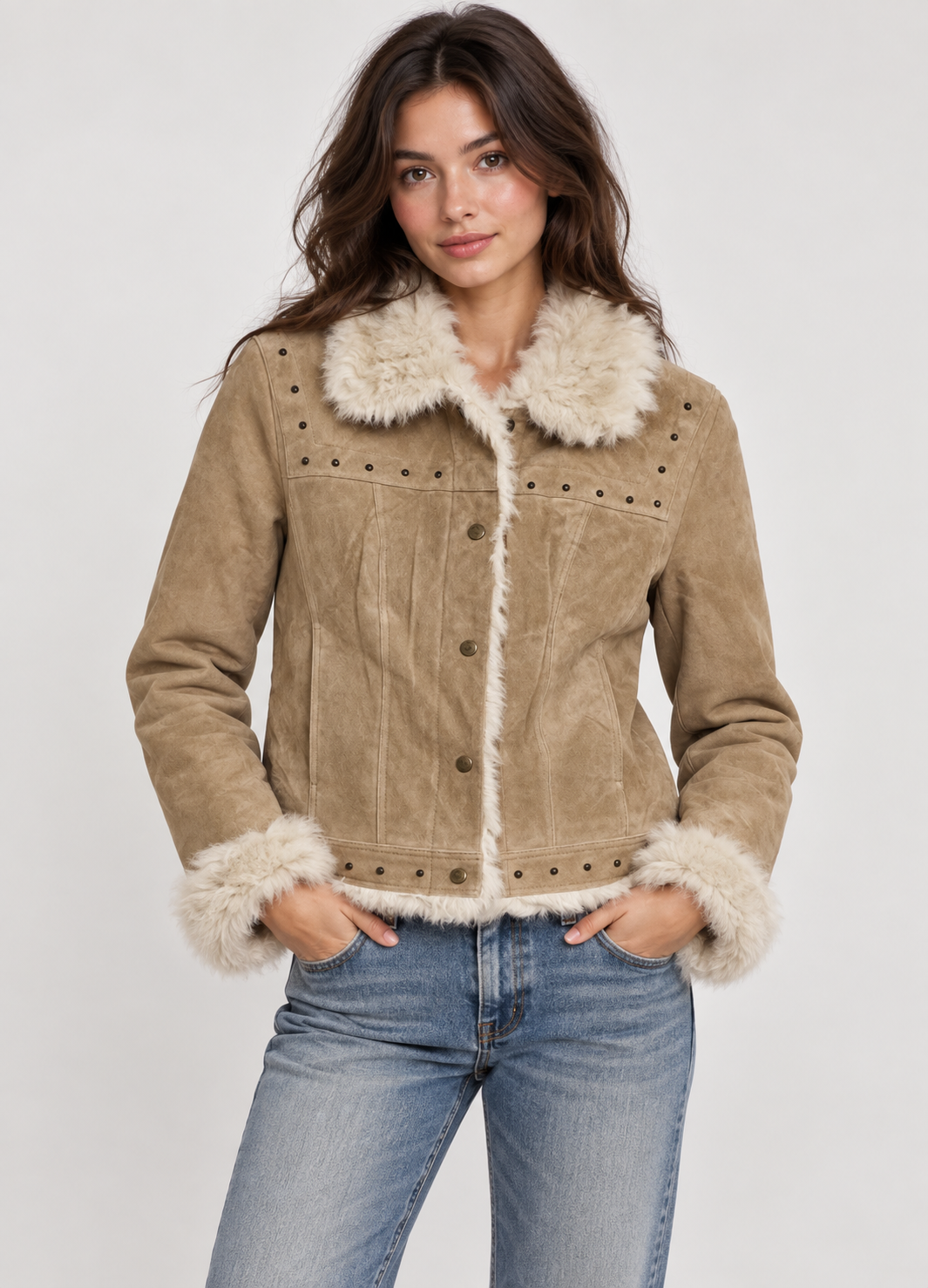 Women’s Genuine Suede Leather Jacket with Real Rabbit Fur Trim – Button Front
