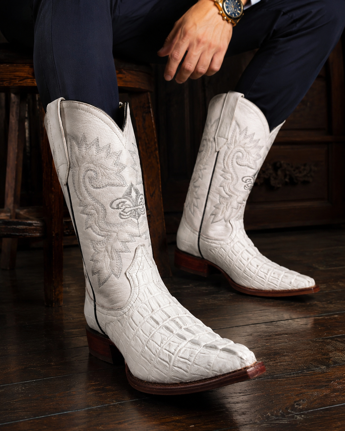 Men's Genuine Leather Cowboy Boots – Crocodile Print Cowhide Leather Snip Toe