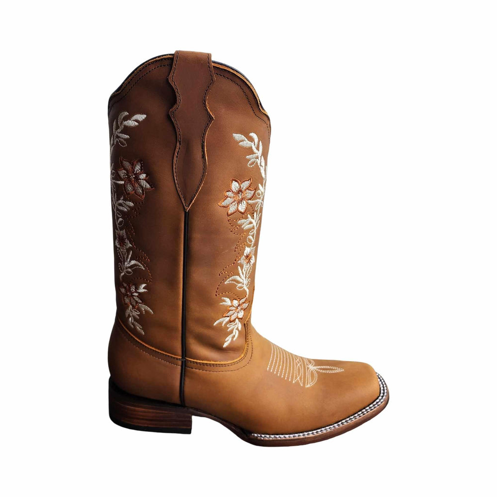 Dona Michi WOMENS COWGIRL Square toe leather Flower embroidered Design with zipper Botas para Mujer con Zierre