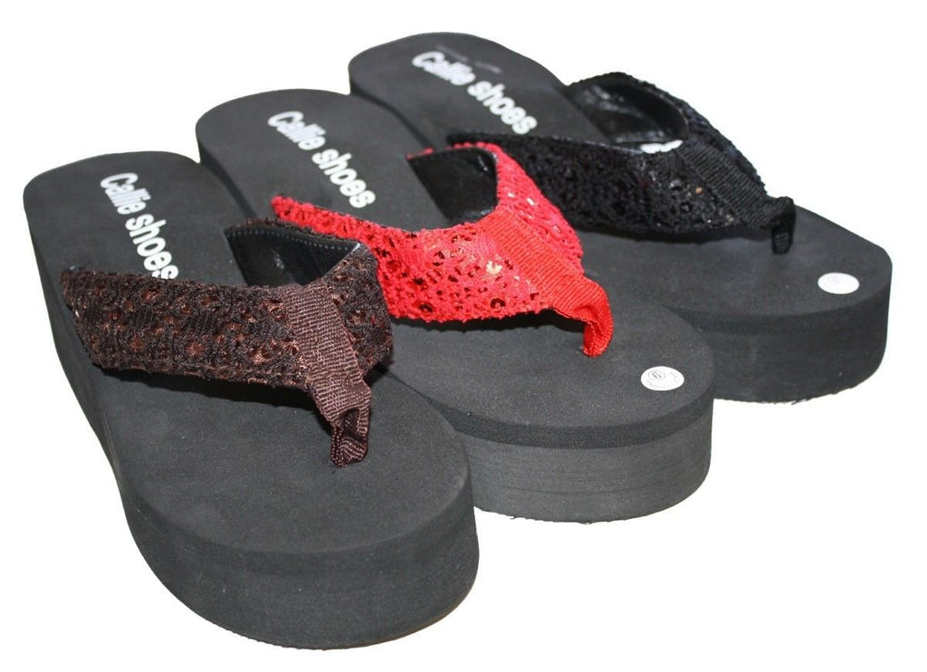 Dona Michi Leather Womens LA BEUATY Sequin Platform Thong Flip Flops Wedge Sandal : Heel 2.6" Apporx