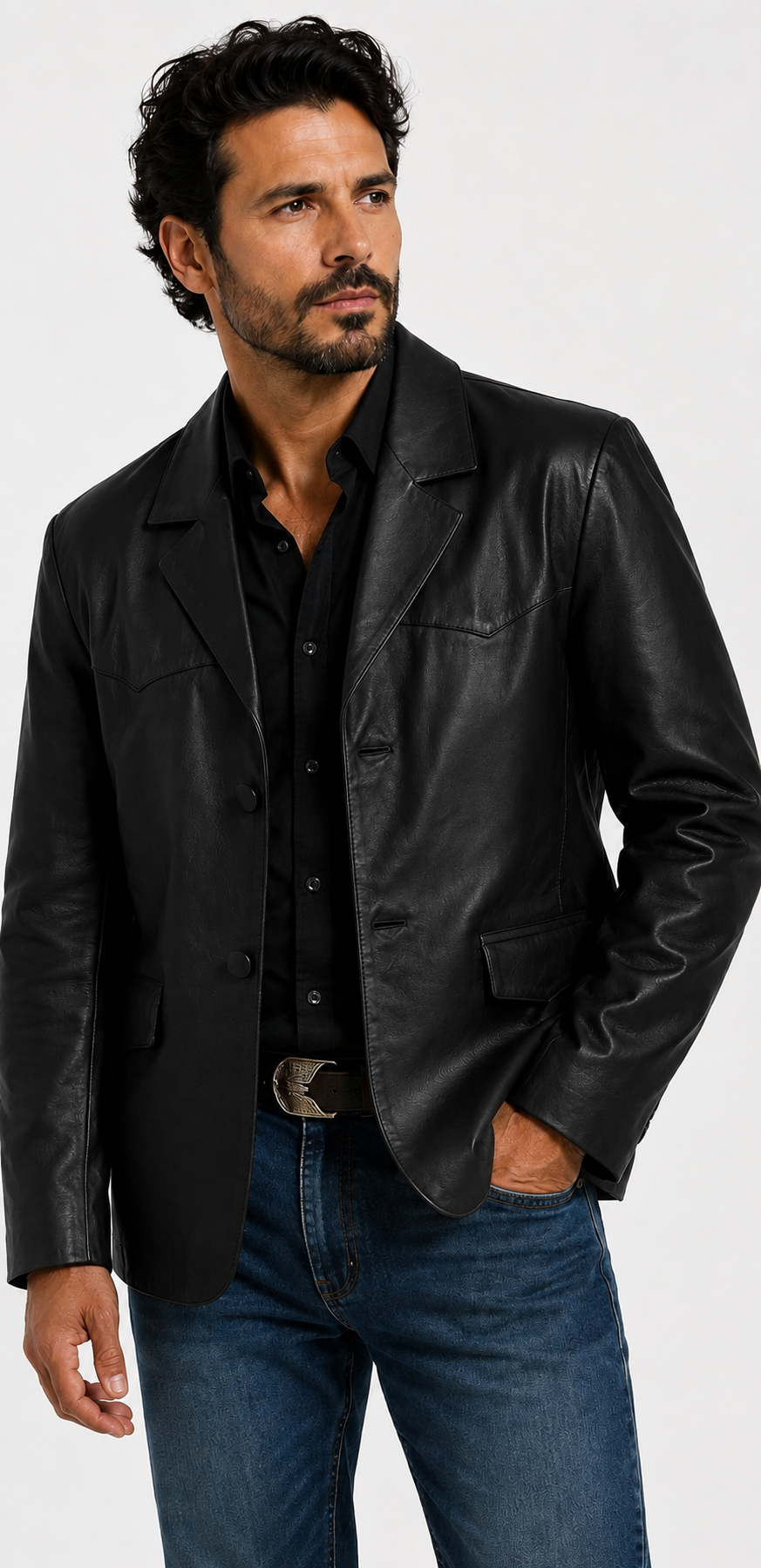Men’s Genuine Leather Western Sport Coat Blazer – Black Leather Cowboy Jacket, Western Yoke, 2-Button Casual Dress Jacket