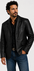 Men’s Genuine Leather Western Sport Coat Blazer – Black Leather Cowboy Jacket, Western Yoke, 2-Button Casual Dress Jacket