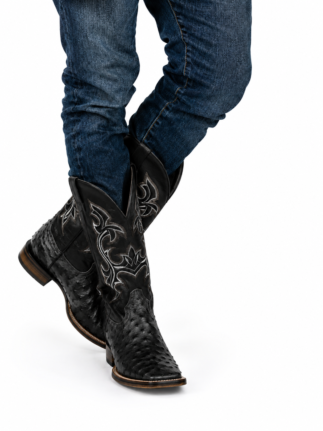 Men’s Genuine Cowhide Leather Western Cowboy Boots – Ostrich Imitation Print – Classic Stitched Pull-On Rodeo Boots