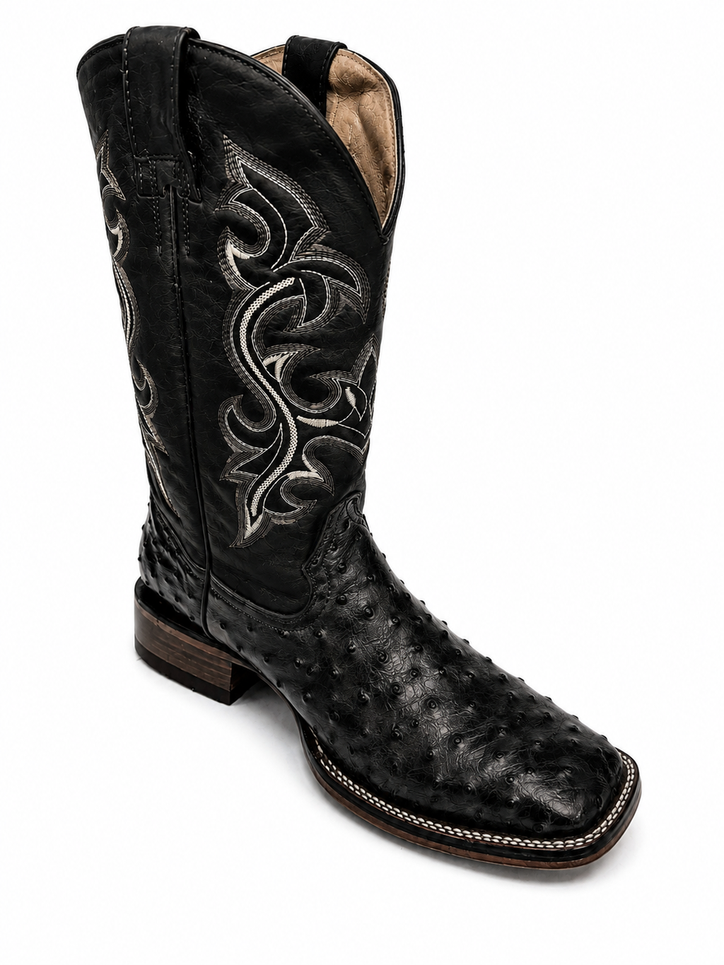 Men’s Genuine Cowhide Leather Western Cowboy Boots – Ostrich Imitation Print – Classic Stitched Pull-On Rodeo Boots