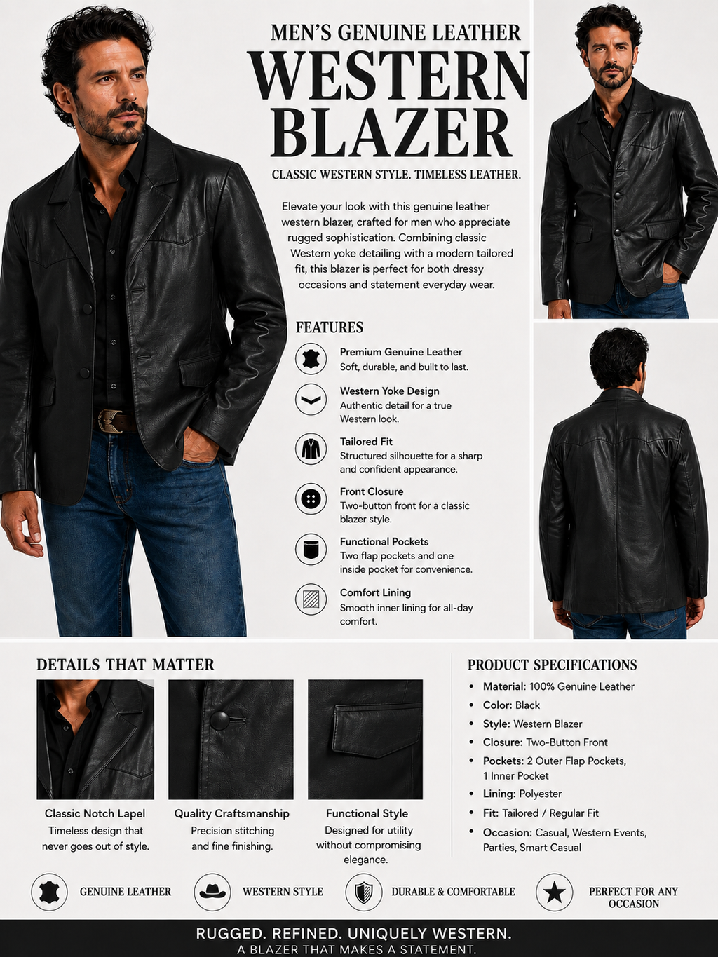 Men’s Genuine Leather Western Sport Coat Blazer – Black Leather Cowboy Jacket, Western Yoke, 2-Button Casual Dress Jacket