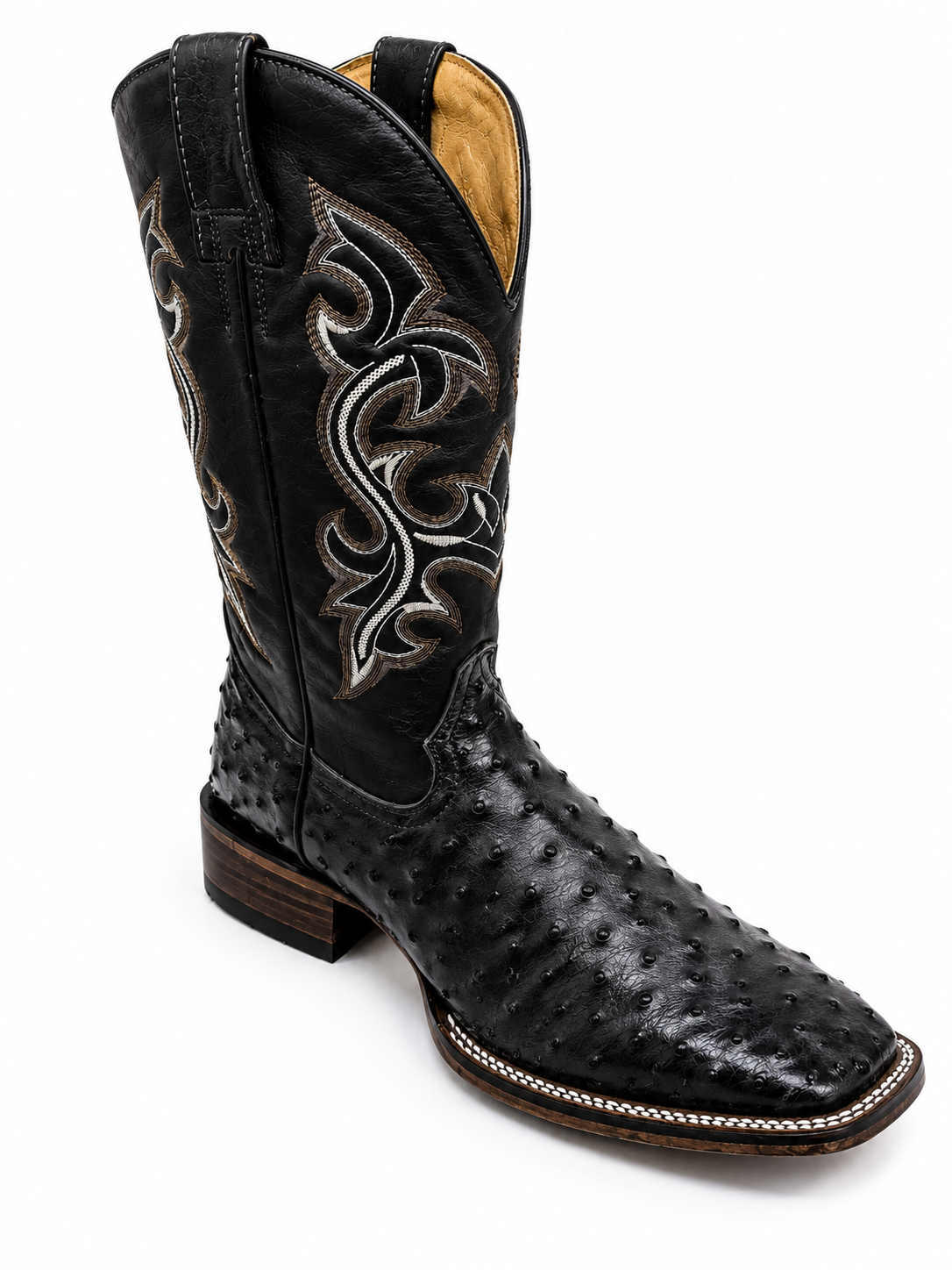 Men’s Genuine Cowhide Leather Western Cowboy Boots – Ostrich Imitation Print – Classic Stitched Pull-On Rodeo Boots