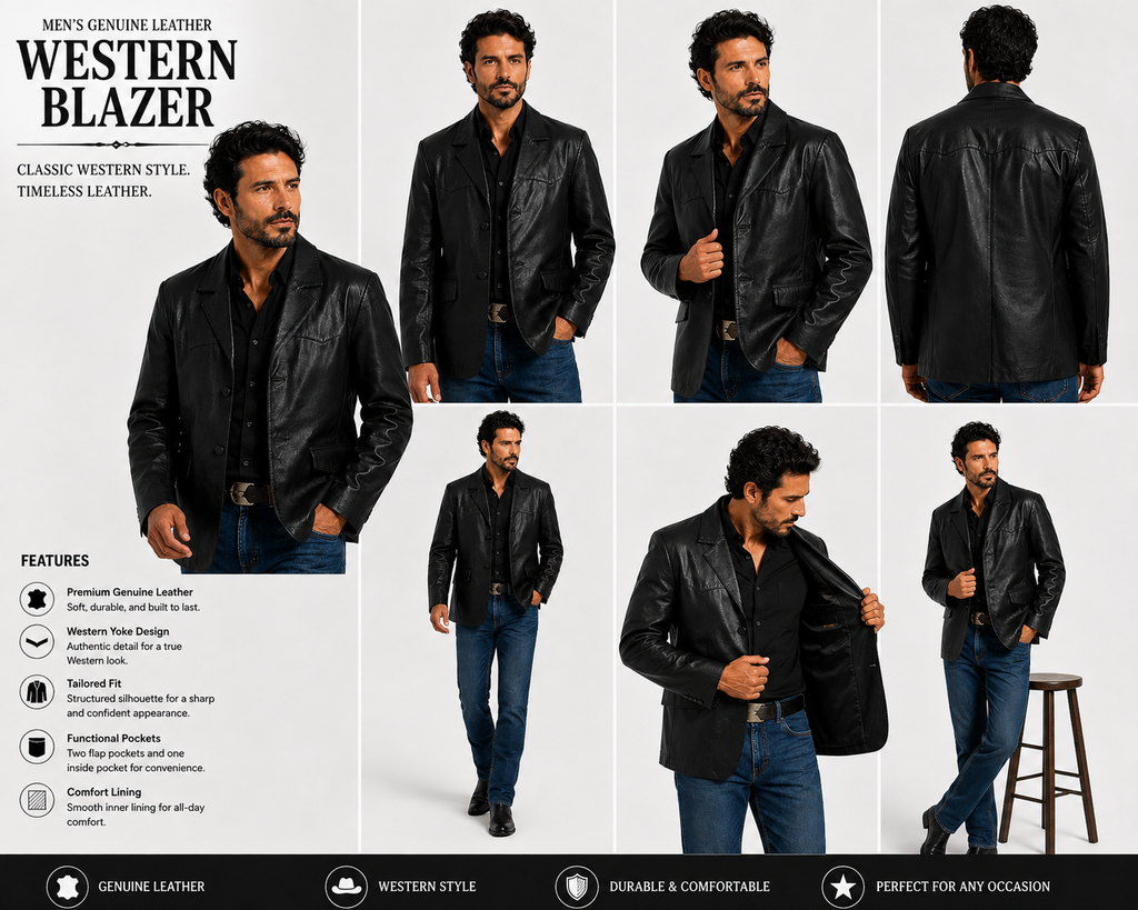 Men’s Genuine Leather Western Sport Coat Blazer – Black Leather Cowboy Jacket, Western Yoke, 2-Button Casual Dress Jacket