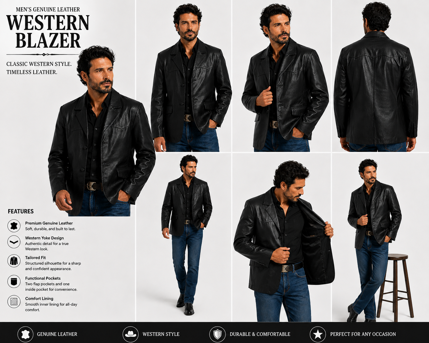 Men’s Genuine Leather Western Sport Coat Blazer – Black Leather Cowboy Jacket, Western Yoke, 2-Button Casual Dress Jacket