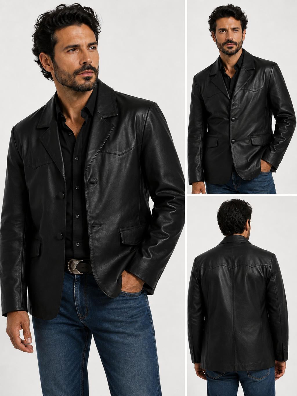 Men’s Genuine Leather Western Sport Coat Blazer – Black Leather Cowboy Jacket, Western Yoke, 2-Button Casual Dress Jacket