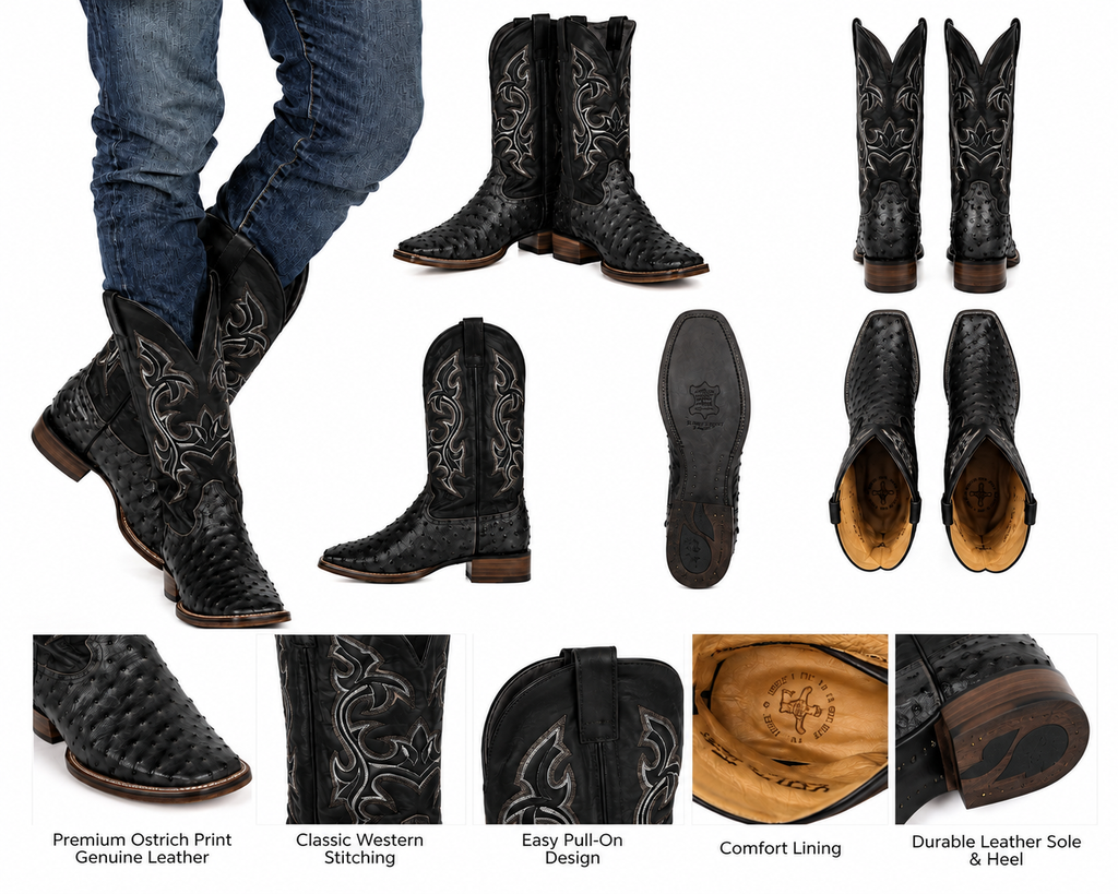 Men’s Genuine Cowhide Leather Western Cowboy Boots – Ostrich Imitation Print – Classic Stitched Pull-On Rodeo Boots