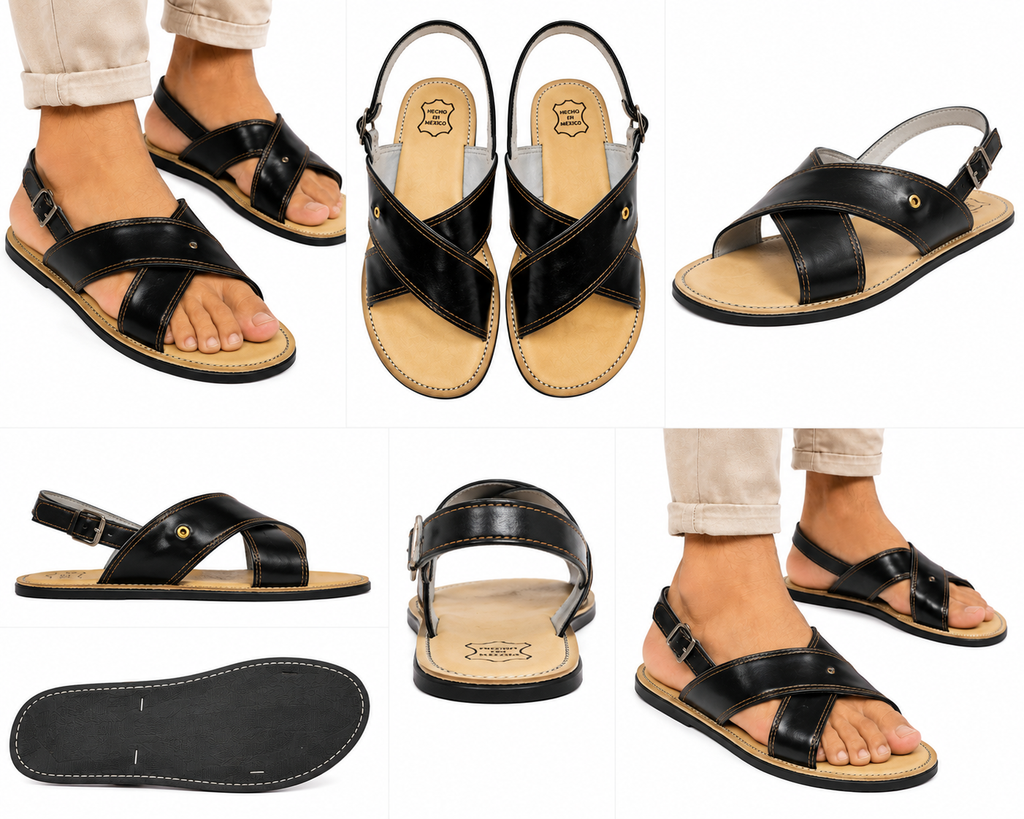 Men’s Authentic Mexican Leather Sandals – Black Cross-Strap Chameleon