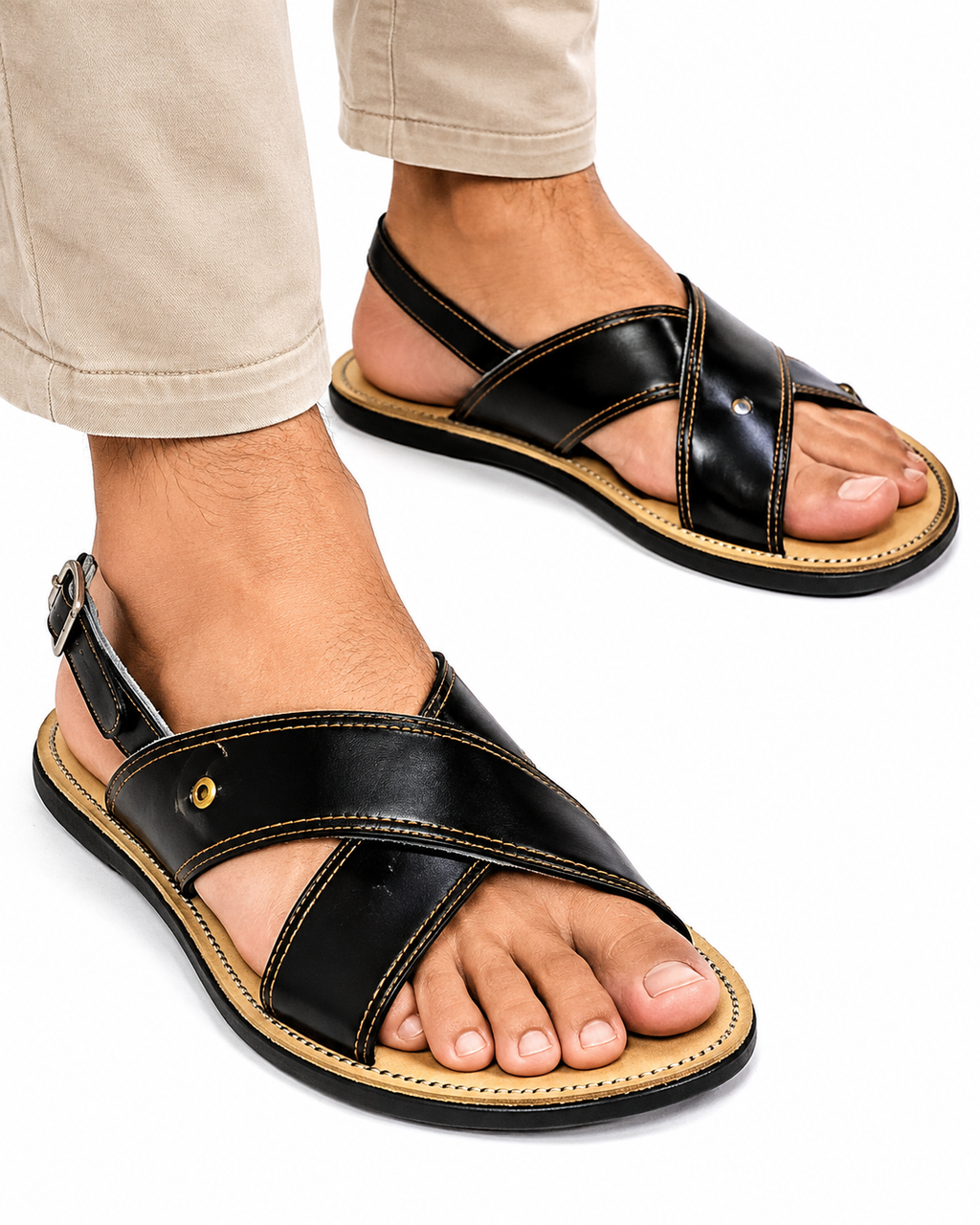 Men’s Authentic Mexican Leather Sandals – Black Cross-Strap Chameleon