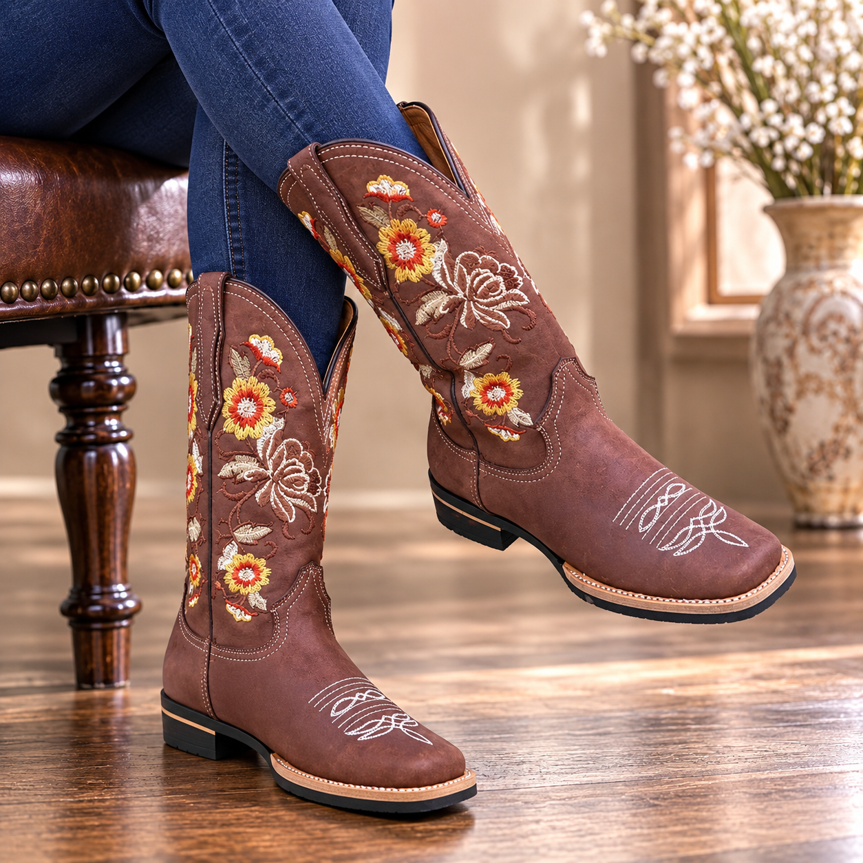 Women’s Genuine Leather Boots – Classic Casual Mid-Calf Boots with Durable Rubber Sole
