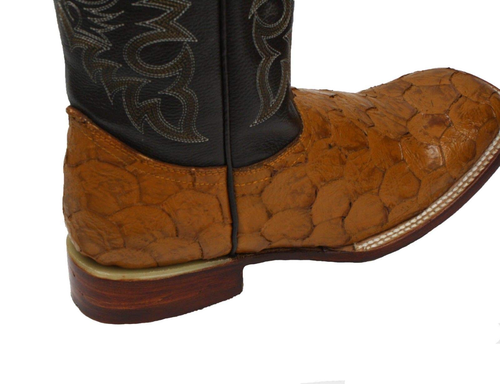 Dona Michi Men's Quincy Pirarucu Fish Print Boots Square Toe Handcrafted Boots Tan