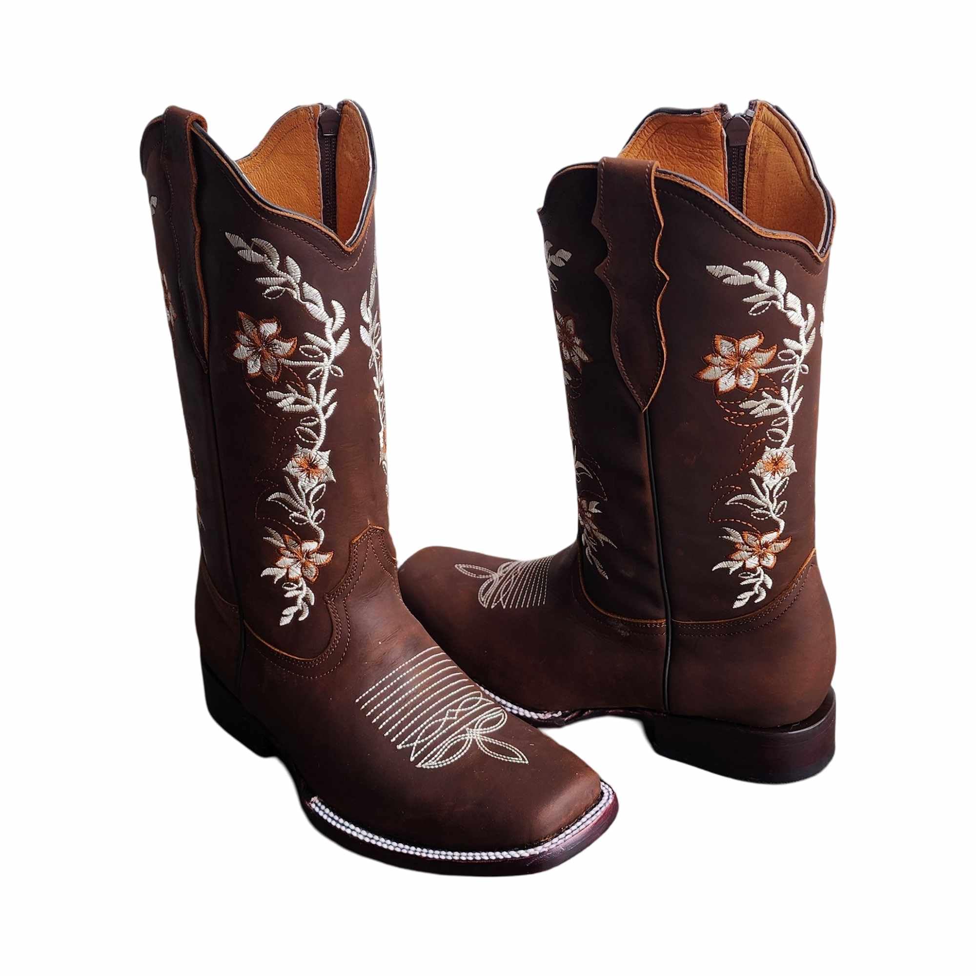 Dona Michi WOMENS COWGIRL Square toe leather Flower embroidered Design with zipper Botas para Mujer con Zierre