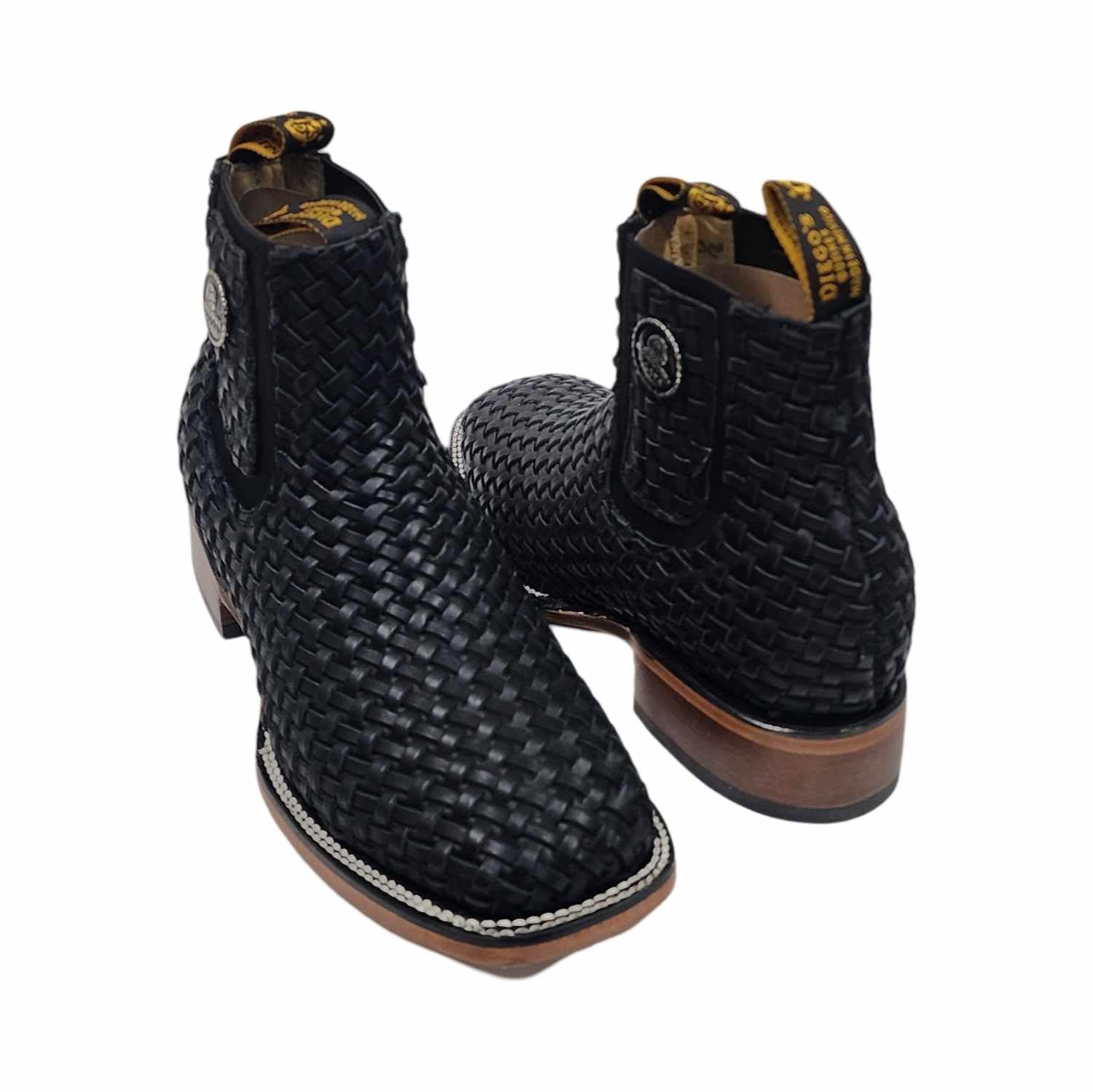 Mens Leather Cowboy Western Hand Woven Braided Square Toe half boots Chelsea Botin Vaquero Petatillo Tejidos