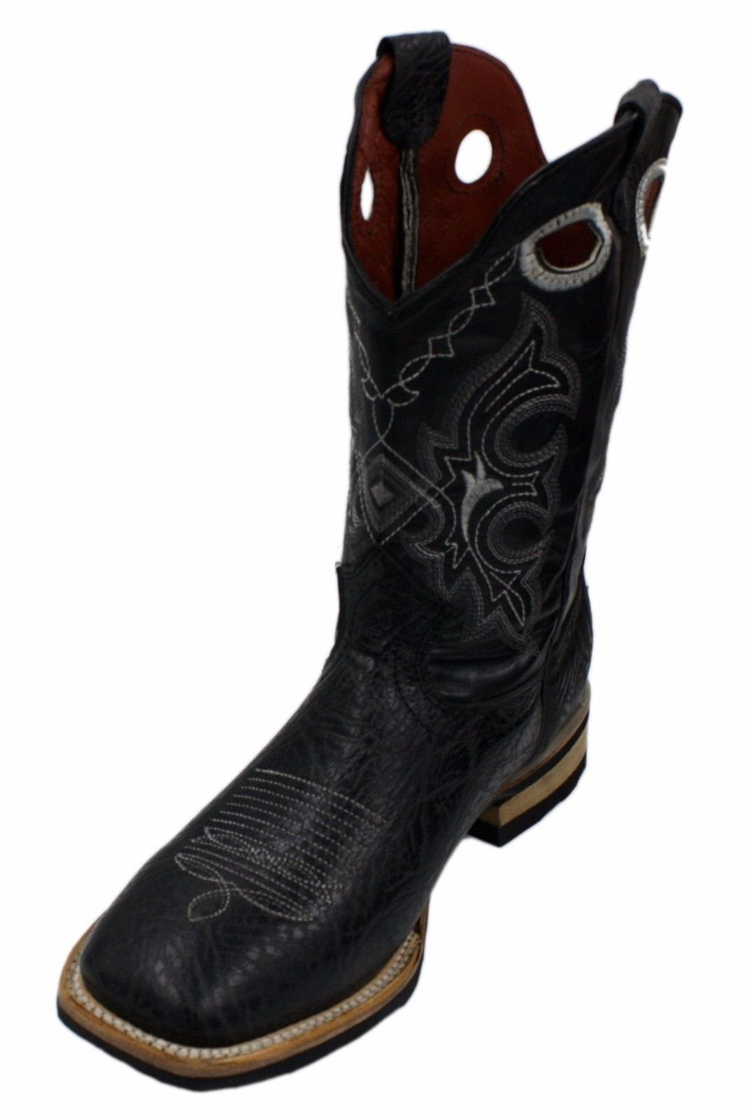 Men Genuine Bull Shoulder Leather Square Toe decarative Shaft Boots