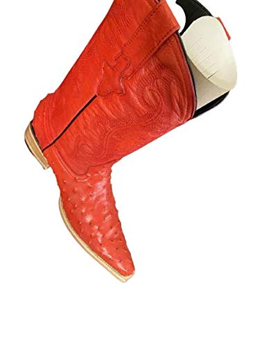 Dona Michi Men's Cowboy Ostrich Print Leather Western Snip Toe Red Boots Handcrafted