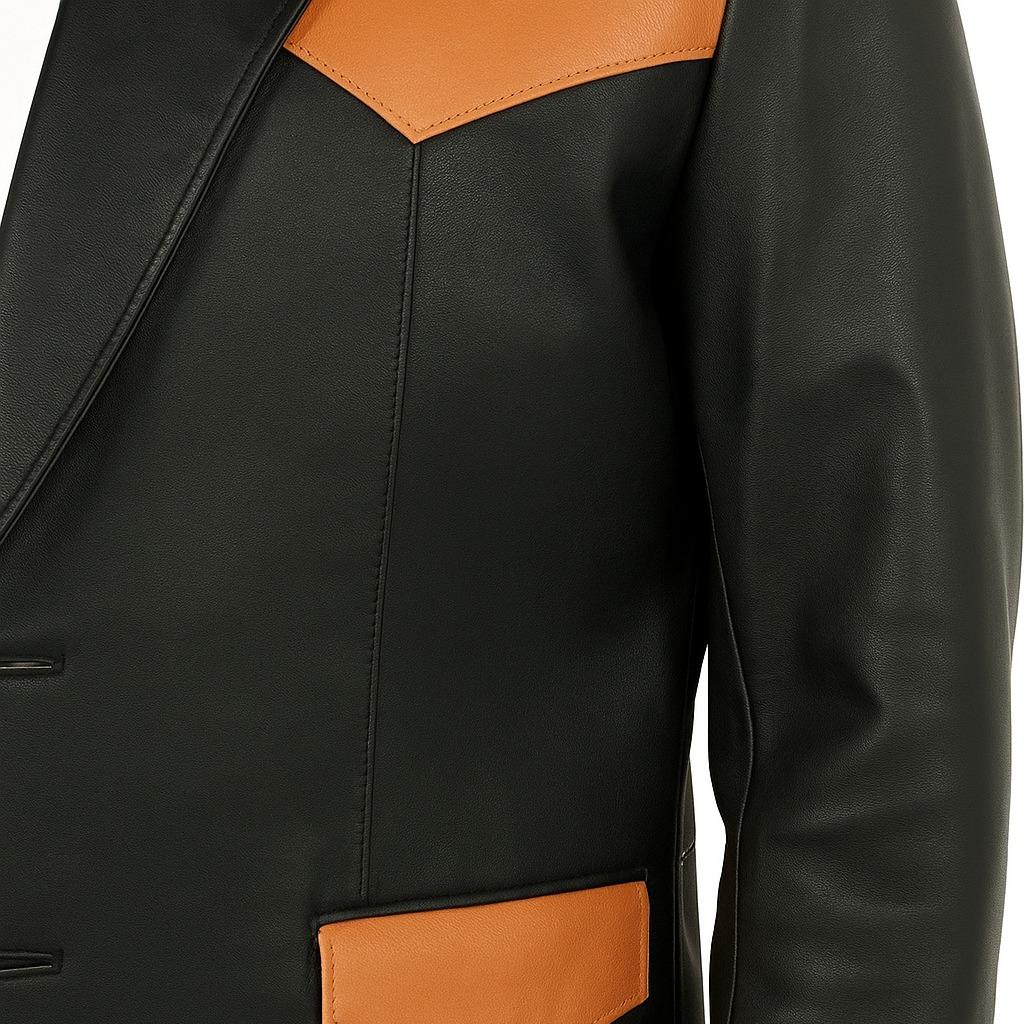 Men’s Genuine Leather Western Sport Coat Blazer – Black/Mango Leather Cowboy Jacket, Western Yoke, 2-Button Casual Dress Jacket