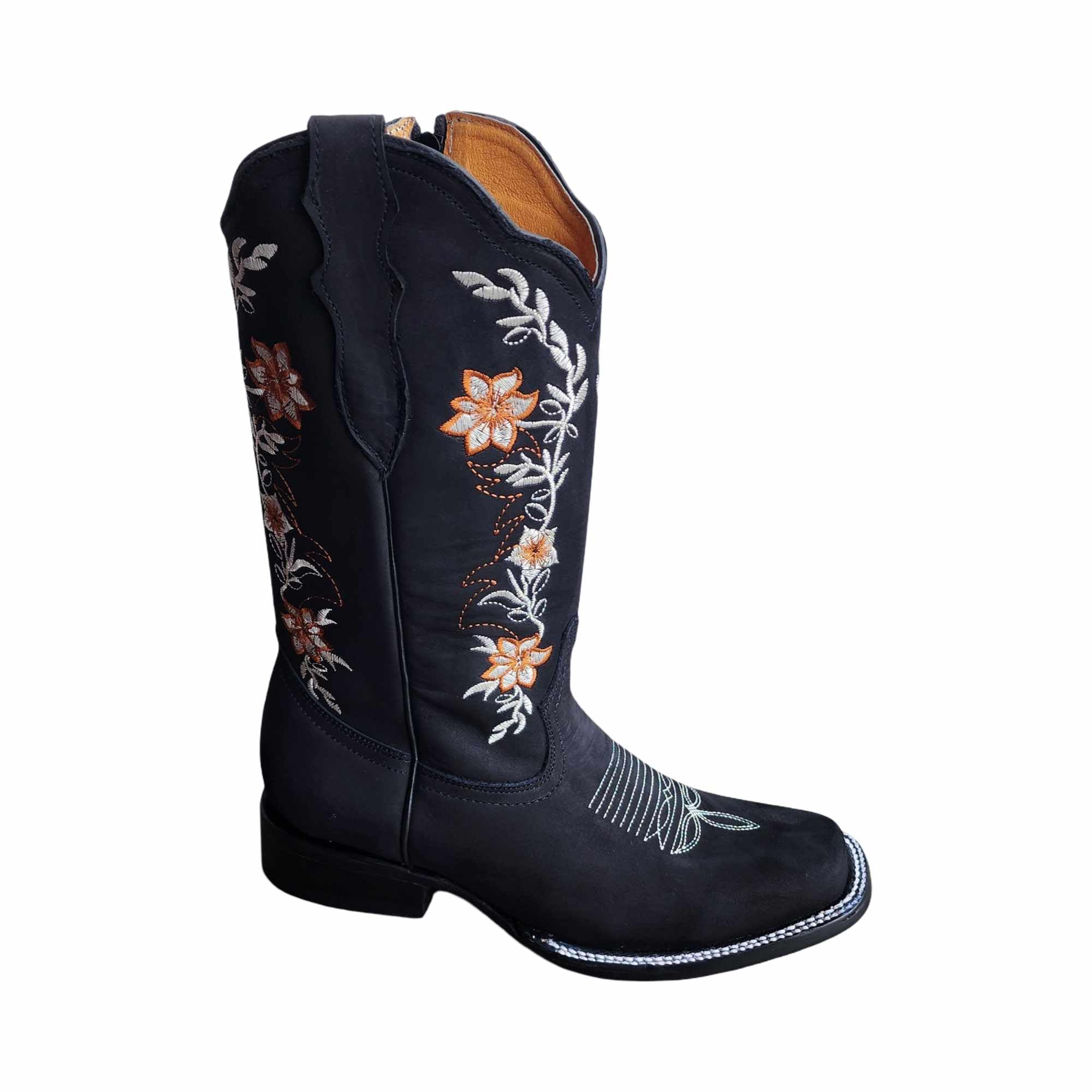 Dona Michi WOMENS COWGIRL Square toe leather Flower embroidered Design with zipper Botas para Mujer con Zierre